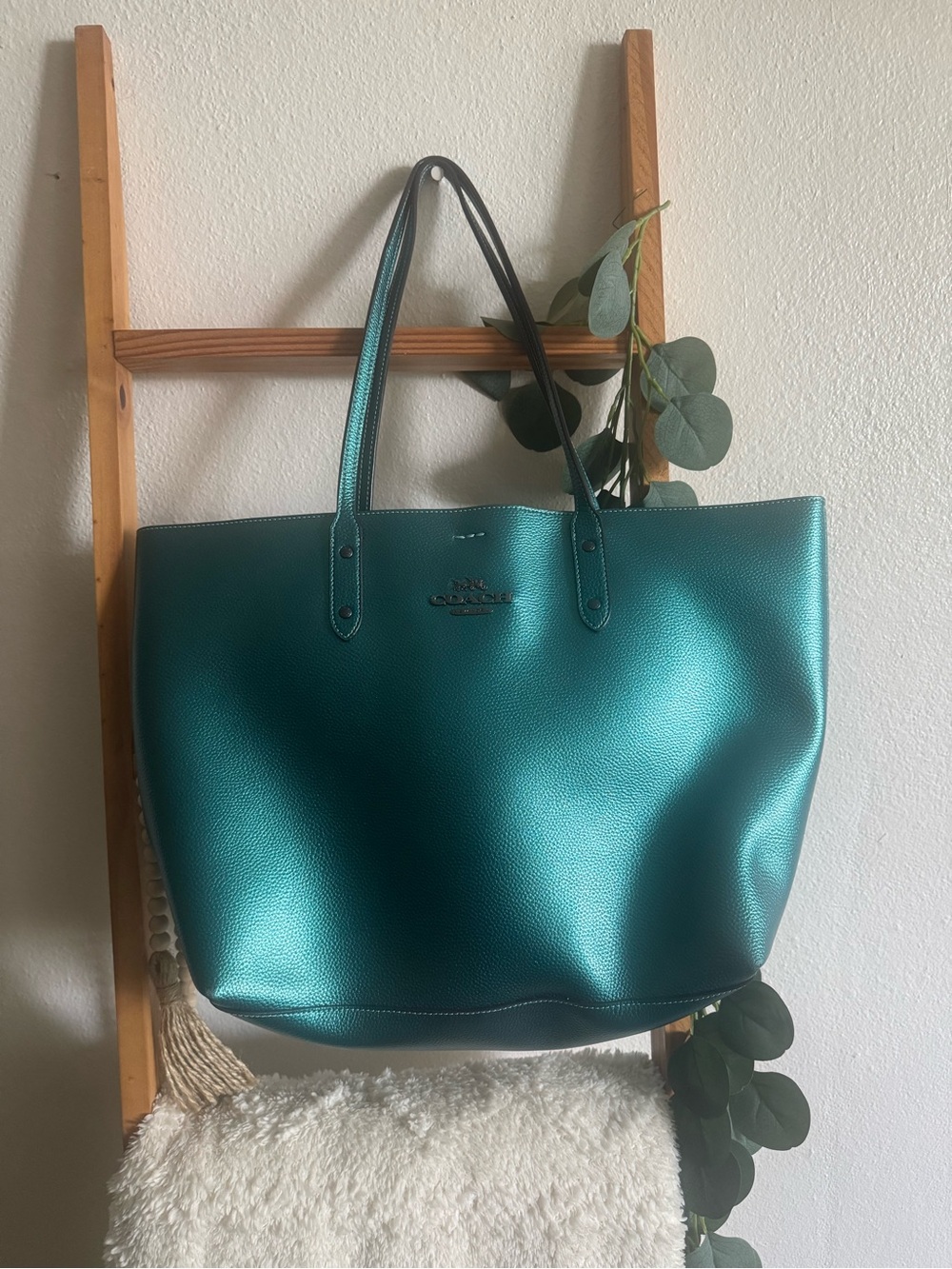 Coach Metallic Teal Leather Tote with Dual Straps